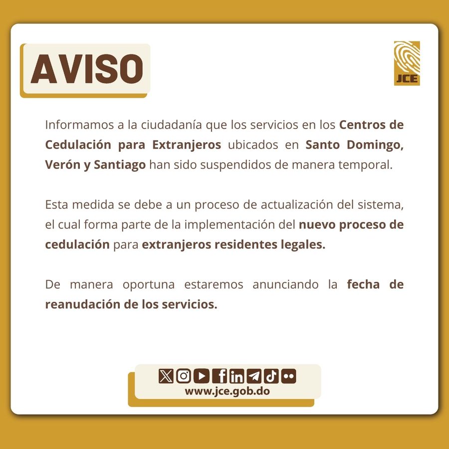 JCE suspende servicios de cedulación para extranjeros en SD, Verón y Santiago por actualización del sistema