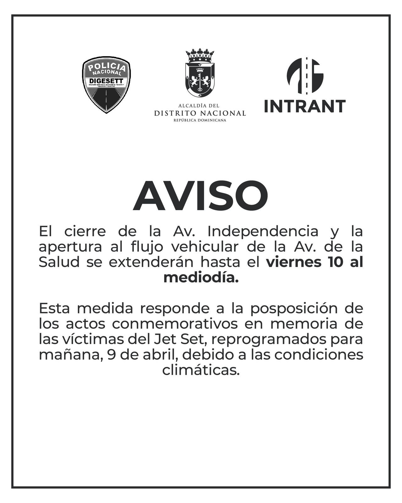 Extienden hasta el viernes apertura al tránsito en avenida de la Salud por aniversario tragedia Jet Set