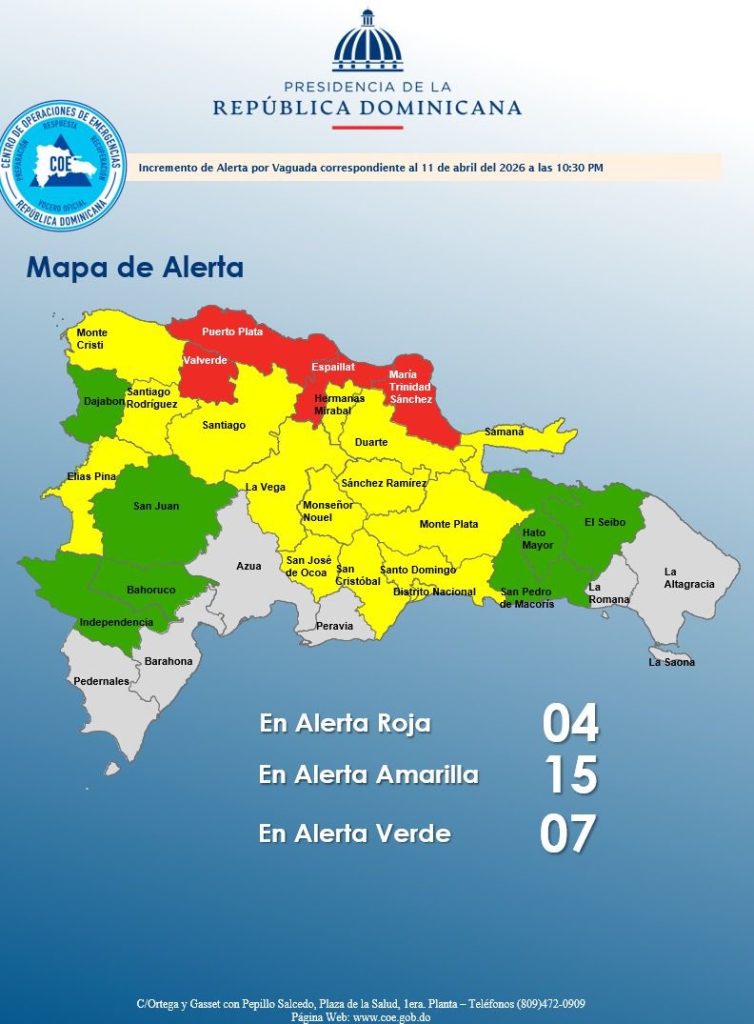 COE eleva a cuatro provincias en alerta roja por lluvias