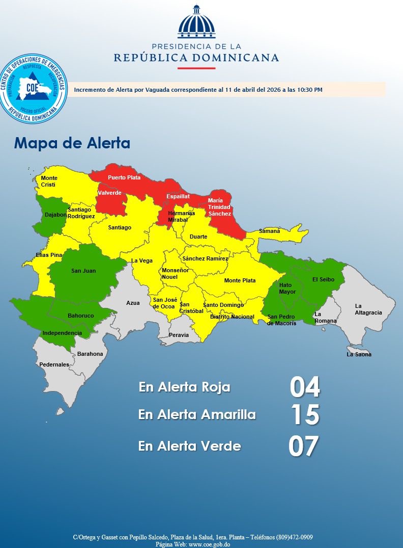 COE eleva a cuatro provincias en alerta roja por lluvias