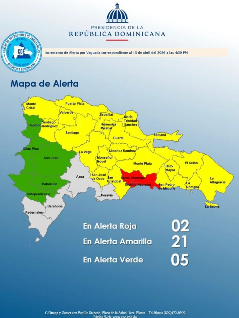 COE coloca al Distrito Nacional y Santo Domingo en alerta roja; mantiene 21 provincias en amarilla y 05 en verde