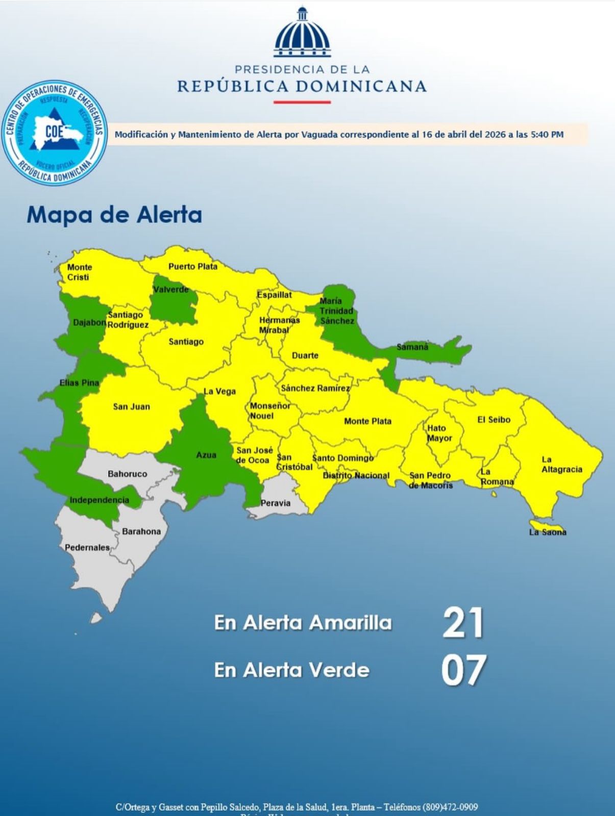 COE coloca 21 provincias en alerta amarilla y 7 en verde por efectos de vaguada