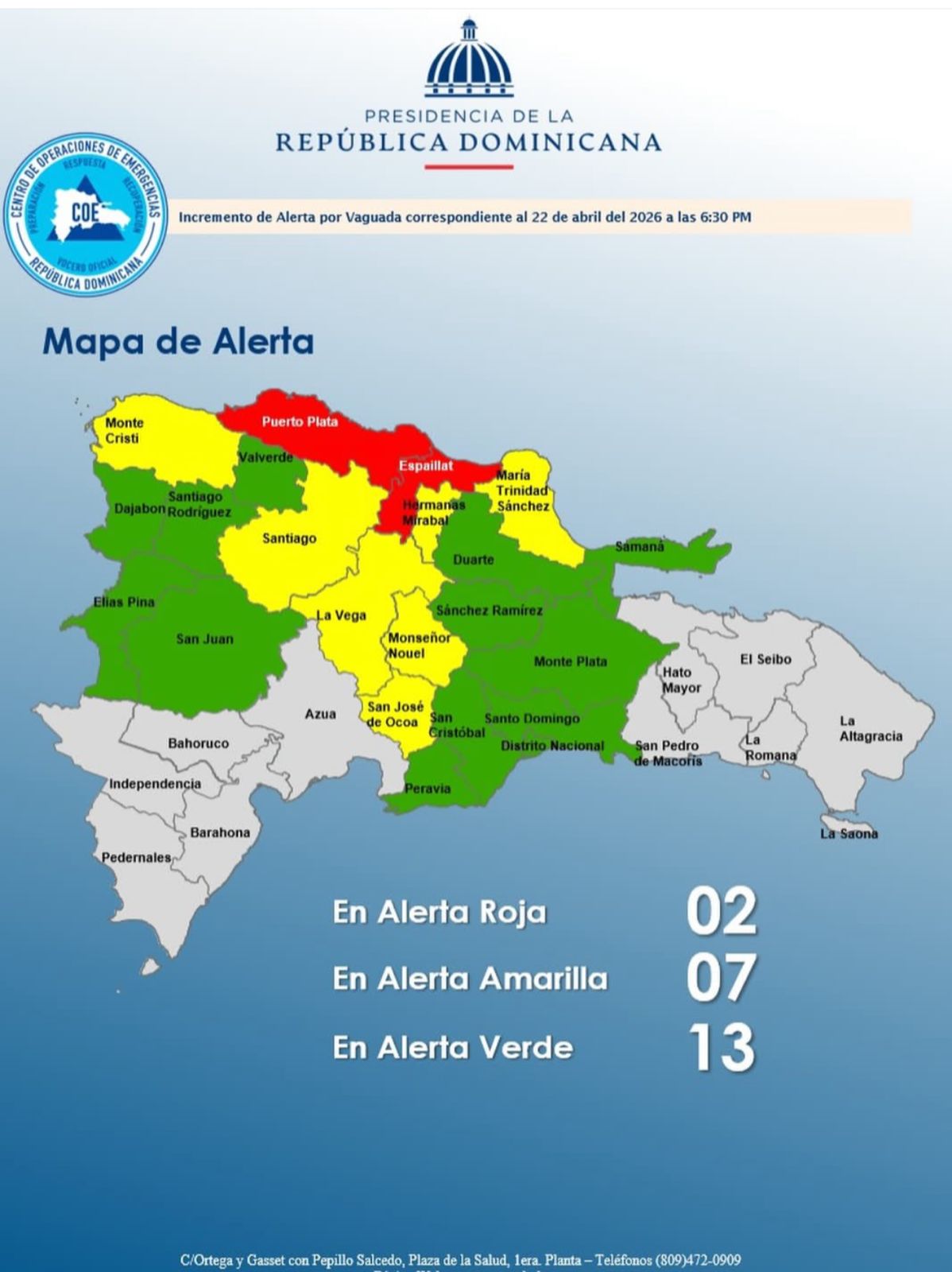Educación suspende docencia este jueves en Puerto Plata y Espaillat por alerta roja