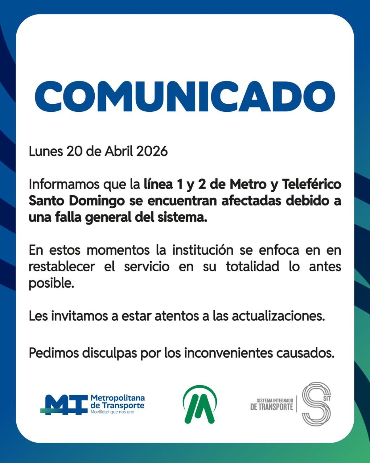 Falla eléctrica paraliza las Líneas 1 y 2 del Metro de Santo Domingo