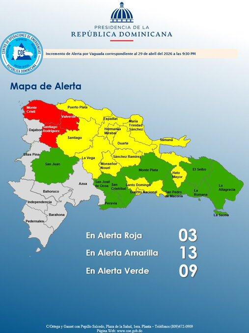 COE coloca tres provincias en alerta roja