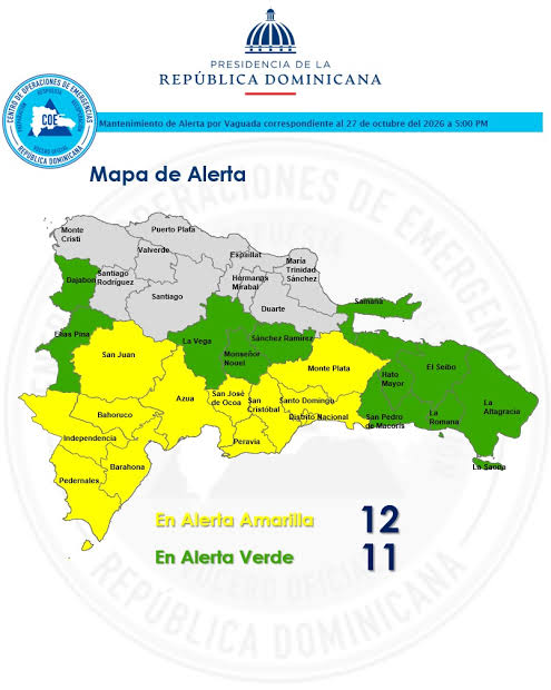 COE mantiene 12 provincias en alerta amarilla y 11 en verde por aguaceros